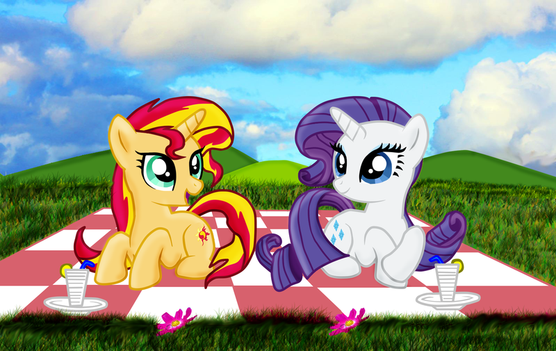 Size: 1597x1008 | Tagged: safe, artist:majkashinoda626, derpibooru import, rarity, sunset shimmer, pony, unicorn, picnic