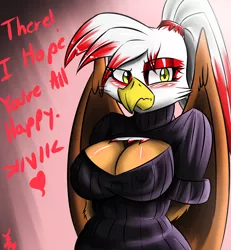 Size: 1200x1300 | Tagged: suggestive, artist:tallyburd, derpibooru import, oc, oc:talisa pierce, oc:talon pierce, unofficial characters only, anthro, gryphon, big breasts, boob window, breasts, cleavage, clothes, female, keyhole turtleneck, open-chest sweater, rule 63, sweater, turtleneck