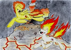 Size: 3500x2477 | Tagged: artist:white-pear, derpibooru import, fire, fire pony, mane of fire, race, rapidash, rapidash twilight, safe, spitfiery, spitfire, traditional art, twilight sparkle, volcano