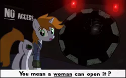 Size: 1023x637 | Tagged: safe, derpibooru import, oc, oc:littlepip, unofficial characters only, pony, unicorn, fallout equestria, fanfic, clothes, door, fanfic art, female, hooves, horn, looking back, mare, obscure joke, open mouth, pipbuck, sexism, solo, stable, stable 2, stable door, vault suit