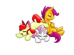 Size: 900x675 | Tagged: apple bloom, artist:celestialsapphire, cutie mark crusaders, derpibooru import, pony pile, safe, scootaloo, sleeping, sweetie belle