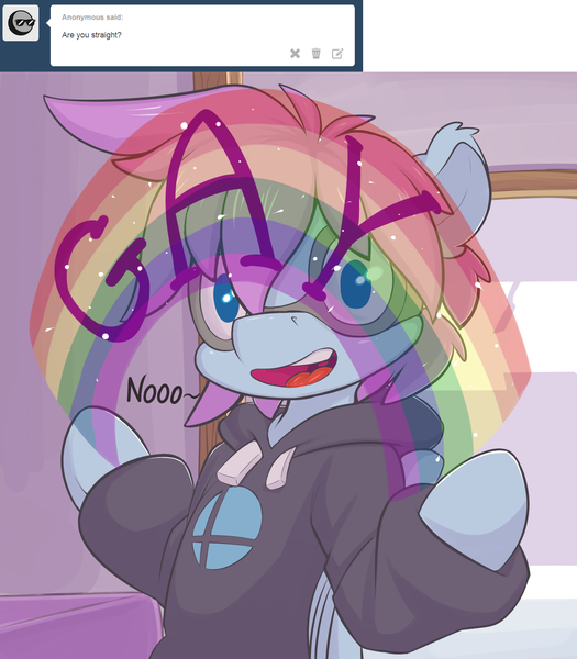 Size: 1280x1464 | Tagged: artist:crombiettw, ask, clothes, derpibooru import, dialogue, gay, goggles, hoodie, idiot box, imagination, looking at you, male, oc, oc:goggles, open mouth, rainbow, safe, smiling, solo, spongebob squarepants, tumblr, unofficial characters only