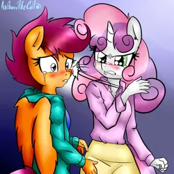 Size: 2000x2000 | Tagged: anthro, artist:anibaruthecat, blushing, clothes, crying, derpibooru import, fanfic art, homophobia, scootaloo, semi-grimdark, skirt, slap, sweetie belle, this will end in death, this will end in tears, this will end in tears and/or death