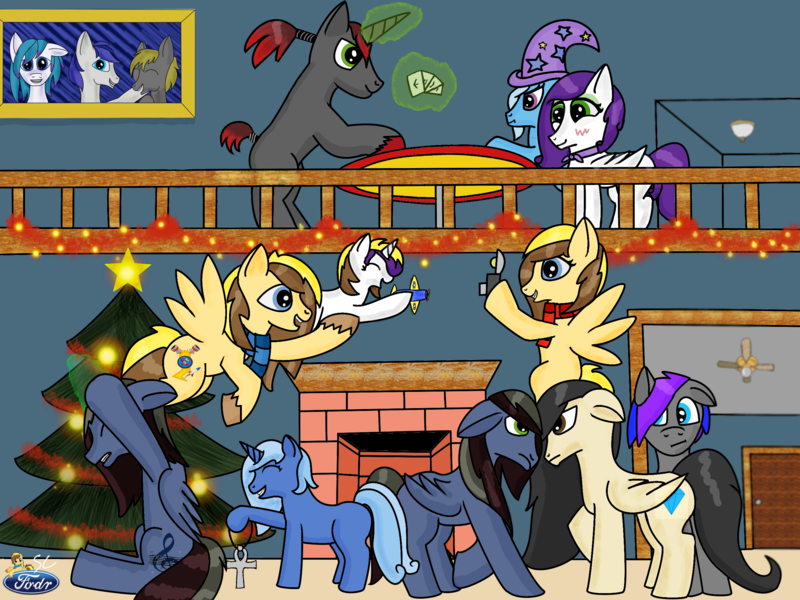 Size: 2560x1920 | Tagged: safe, artist:skye chaser, artist:storm chaser, derpibooru import, trixie, oc, oc:amethist, oc:cloudshy belle, oc:dj electro, oc:fizzle, oc:harmonic, oc:ivory shy, oc:riftonic, oc:skye chaser, oc:storm chaser, oc:string shred, oc:symphony, oc:synth, pony, unicorn, christmas, female, mare