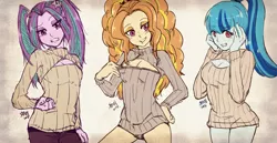 Size: 1550x800 | Tagged: suggestive, artist:samonferrari, derpibooru import, adagio dazzle, aria blaze, sonata dusk, equestria girls, rainbow rocks, boob window, breasts, cleavage, clothes, open-chest sweater, panties, sweater, the dazzlings, tsundaria, tsundere, underwear