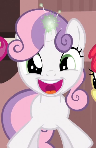 Size: 416x644 | Tagged: safe, derpibooru import, screencap, sweetie belle, pony, unicorn, one bad apple, cropped, cute, diasweetes, female, filly, happy, horngasm, magic, open mouth, solo focus, sparking horn, sweetie belle's magic brings a great big smile