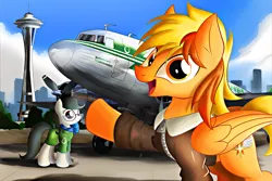 Size: 5184x3456 | Tagged: safe, artist:ruhisu, derpibooru import, oc, oc:brave wing, oc:front page, unofficial characters only, pegasus, pony, airline, c-47, clothes, dakota, dc3, everfree northwest, female, jacket, male, mare, packground, pilot, seattle, skirt, smiling, space needle, stallion, stewardess, tower, uniform