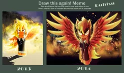 Size: 2200x1304 | Tagged: safe, artist:ruhisu, derpibooru import, oc, oc:brave wing, unofficial characters only, pegasus, pony, angry, draw this again, fire, front view, male, meme, plane, solo, stallion, wreck