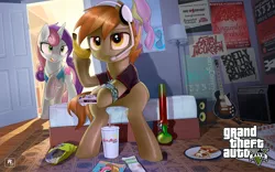 Size: 2880x1800 | Tagged: safe, artist:supermare, derpibooru import, button mash, sweetie belle, earth pony, pony, unicorn, banana, bananaphone, bong, chips, clothes, controller, crossover, female, food, gamer, grand theft auto, gta v, guitar, headphones, headset, hoof hold, implied drug use, implied middle finger, jimmy de santa, male, mare, older, pizza, raised hoof, shirt, sitting, stallion, tracey de santa, watch, xbox 360, xbox 360 controller
