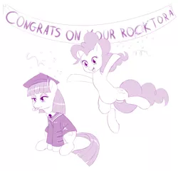 Size: 1100x1054 | Tagged: artist:dstears, banner, derpibooru import, graduation, jumping, maud pie, monochrome, newbie artist training grounds, pinkie pie, rocktorate, safe, sitting, sketch, streamers, we couldn't fit it all in, welcome princess celest