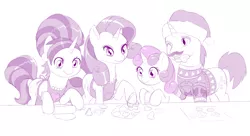 Size: 1280x695 | Tagged: apron, artist:dstears, baking, christmas sweater, clothes, cookie, cookie crumbles, cookie cutter, cookieflanks, derpibooru import, family, hat, hondo flanks, monochrome, newbie artist training grounds, rarity, rarity's parents, rolling pin, safe, santa hat, sketch, sweater, sweetie belle