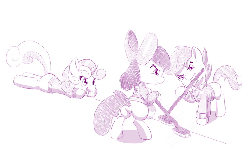 Size: 1100x715 | Tagged: safe, artist:dstears, derpibooru import, apple bloom, scootaloo, sweetie belle, earth pony, pegasus, pony, unicorn, broom, curling, cutie mark crusaders, female, filly, missing accessory, missing wing, monochrome, mouth hold, newbie artist training grounds, purple, sketch, sports, sweeping, trio, winter sport