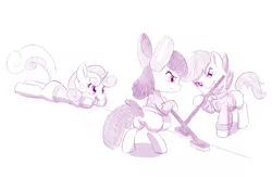 Size: 1100x715 | Tagged: safe, artist:dstears, derpibooru import, apple bloom, scootaloo, sweetie belle, earth pony, pegasus, pony, unicorn, broom, curling, cutie mark crusaders, female, filly, missing accessory, missing wing, monochrome, mouth hold, newbie artist training grounds, purple, sketch, sports, sweeping, trio, winter sport