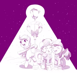 Size: 1000x950 | Tagged: apple bloom, artist:dstears, caroling, clothes, cutie mark crusaders, derpibooru import, lamppost, monochrome, newbie artist training grounds, safe, scarf, scootaloo, singing, sketch, snow, snowfall, sweetie belle, wreath