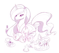 Size: 1000x908 | Tagged: safe, artist:dstears, derpibooru import, princess celestia, oc, oc:fluffle puff, alicorn, pony, alcohol, bathrobe, cake, clothes, cup, female, fuzzy slippers, mare, monochrome, newbie artist training grounds, regalia, sitting, sketch, slippers, tea