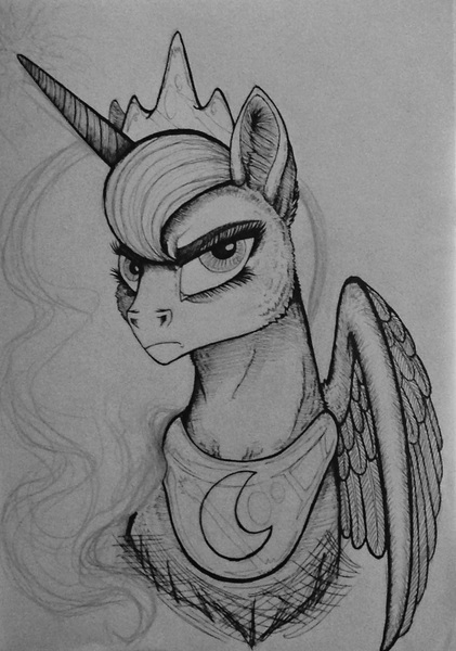 Size: 923x1317 | Tagged: artist:zeuzeubee, derpibooru import, fluffy, frown, glare, grayscale, grumpy, looking at you, monochrome, portrait, princess luna, safe, solo, spread wings, traditional art, unamused