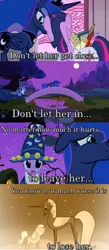 Size: 640x1463 | Tagged: clothes, comic, costume, derpibooru import, edit, edited screencap, female, immortality blues, lesbian, luna eclipsed, nightmare night costume, oc, oc:snowdrop, photoshop, princess luna, sad, screencap, screencap comic, semi-grimdark, shipping, star swirl the bearded costume, the crystal empire, twilight sparkle, twiluna