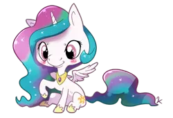 Size: 500x340 | Tagged: safe, artist:kuschelig, derpibooru import, princess celestia, alicorn, pony, blushing, cewestia, chibi, cute, female, filly, hoof shoes, peytral, raised hoof, simple background, sitting, smiling, solo, spread wings, transparent background, wings