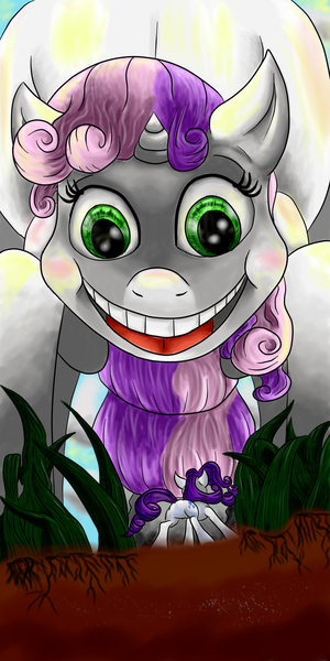 Size: 900x1800 | Tagged: safe, artist:creudence, derpibooru import, rarity, sweetie belle, nightmare fuel, tiny