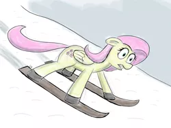 Size: 2048x1536 | Tagged: artist:werdkcub, derpibooru import, fluttershy, gritted teeth, safe, skiing, solo, wide eyes