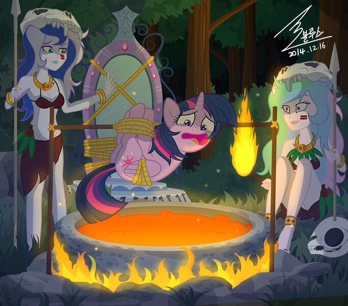 Size: 1500x1318 | Tagged: safe, artist:bluse, derpibooru import, princess celestia, princess luna, twilight sparkle, twilight sparkle (alicorn), equestria girls, alternate universe, barbarian, belly button, bondage, bra, bracelet, clothes, cooked alive, cooking, female, hogtied, humans eating ponies, imminent death, imminent vore, literal spitroast, midriff, peril, pony as food, principal celestia, rope, show accurate, skirt, skull, this will end in tears and/or death, tribal, twilybuse, underwear, vice principal luna