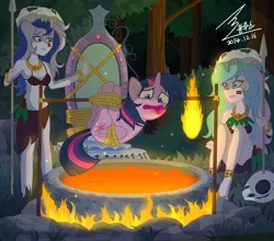 Size: 1500x1318 | Tagged: safe, artist:bluse, derpibooru import, princess celestia, princess luna, twilight sparkle, twilight sparkle (alicorn), equestria girls, alternate universe, barbarian, belly button, bondage, bra, bracelet, clothes, cooked alive, cooking, female, hogtied, humans eating ponies, imminent death, imminent vore, literal spitroast, midriff, peril, pony as food, principal celestia, rope, show accurate, skirt, skull, this will end in tears and/or death, tribal, twilybuse, underwear, vice principal luna