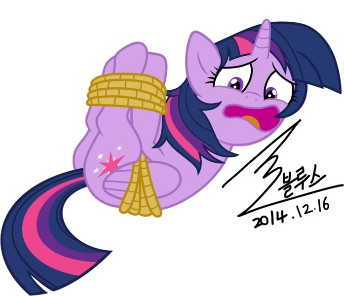 Size: 900x775 | Tagged: safe, artist:bluse, derpibooru import, twilight sparkle, twilight sparkle (alicorn), alicorn, pony, background removed, bondage, female, hogtied, mare, rope, show accurate, signature, simple background, solo, white background