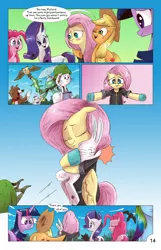 Size: 1393x2167 | Tagged: safe, artist:saturdaymorningproj, derpibooru import, angel bunny, applejack, fluttershy, gummy, opalescence, owlowiscious, pinkie pie, rainbow dash, rarity, tank, twilight sparkle, winona, earth pony, pegasus, pony, unicorn, angelic flutterboom, blushing, bunny ears, clothes, comic, cowboy hat, dangerous mission outfit, eyes closed, female, hat, helmet, hoodie, mane six, mare, one eye closed, open mouth, stetson