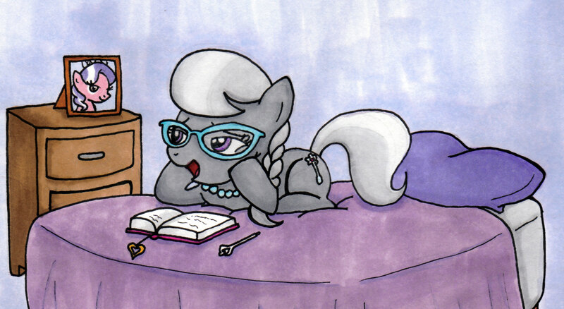 Size: 1665x912 | Tagged: artist:thedarklordkeisha, bed, bedroom eyes, derpibooru import, diamond tiara, diary, female, glasses, lesbian, open mouth, prone, safe, shipping, silver spoon, silvertiara, smiling, solo, traditional art