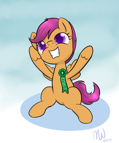 Size: 1250x1500 | Tagged: safe, artist:malwinters, derpibooru import, scootaloo, cute, cutealoo, grin, haunches, newbie artist training grounds, ribbon, sitting, solo, you tried