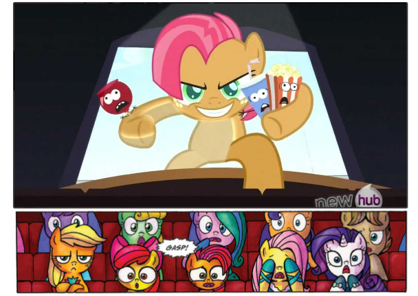 Size: 608x431 | Tagged: safe, derpibooru import, edit, idw, apple bloom, applejack, babs seed, fluttershy, rarity, pony, one bad apple, spoiler:comic, applejack is not amused, audience reaction, breaking the fourth wall, candy, candy apple (food), comic, exploitable, exploitable meme, fourth wall, giant pony, meme, popcorn, self ponidox, soda