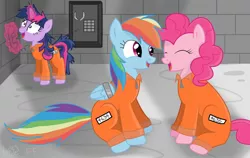 Size: 1551x981 | Tagged: artist:faunafay, clothes, derpibooru import, phone, pinkie pie, prison, prisoner, prisoner rd, prisoner ts, prison outfit, rainbow dash, safe, twilight snapple, twilight sparkle