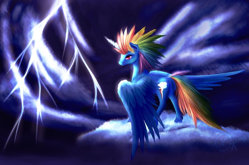 Size: 1095x730 | Tagged: safe, artist:xormak, derpibooru import, rainbow dash, alicorn, pony, alicornified, alternate hairstyle, bedroom eyes, cloud, cloudy, glowing horn, grin, lightning, looking at you, looking back, plot, race swap, radical, rainbowcorn, realistic, smiling, solo, spread wings, storm, stormcloud