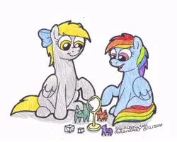 Size: 841x675 | Tagged: safe, artist:artistnjc, deleted from derpibooru, derpibooru import, derpy hooves, rainbow dash, pegasus, pony, bow, female, filly, filly derpy, filly rainbow dash, friendship, playing, raised hoof, simple background, sitting, smiling, toy, traditional art, younger