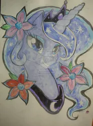 Size: 1024x1381 | Tagged: dead source, safe, artist:ox3400-2, derpibooru import, princess luna, deviantart watermark, flower, flower in hair, obtrusive watermark, smiling, solo, traditional art, watermark