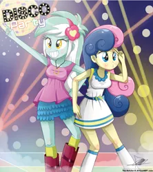 Size: 1259x1418 | Tagged: safe, artist:the-butch-x, derpibooru import, bon bon, lyra heartstrings, sweetie drops, equestria girls, cute, dancing, disco, disco ball, disco dance, duckface, duo, duo female, female, grin, signature, smiling