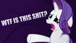 Size: 1920x1080 | Tagged: artist:derplight, derpibooru import, rarity, reaction image, safe, text, vulgar, wtf