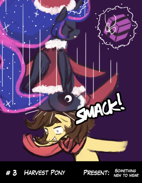 Size: 774x1000 | Tagged: suggestive, artist:lumineko, derpibooru import, princess luna, oc, 12 days of christmas, body slam, clothes, dreamluna, facesitting, hat, moonbutt, plot, present, santa costume, santa hat, xd