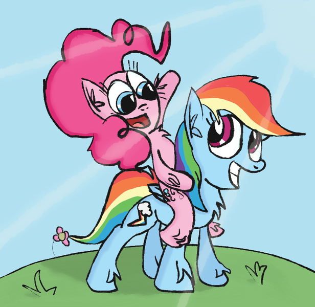 Size: 747x728 | Tagged: safe, artist:mr-degration, derpibooru import, pinkie pie, rainbow dash, female, flower, grass, happy, lesbian, piggyback ride, pinkiedash, ponies riding ponies, shipping, sunlight, unshorn fetlocks