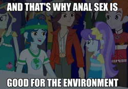 Size: 724x505 | Tagged: suggestive, derpibooru import, edit, edited screencap, screencap, aqua blossom, blueberry cake, captain planet, heath burns, indigo wreath, microchips, normal norman, equestria girls, rainbow rocks, background human, caption, eco kid insults, image macro, implied anal, implied sex, meme, normalcake