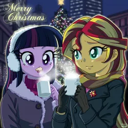 Size: 1000x1000 | Tagged: safe, artist:uotapo, derpibooru import, sunset shimmer, twilight sparkle, twilight sparkle (alicorn), equestria girls, blushing, christmas, christmas lights, clothes, cold, cup, cute, earmuffs, female, gloves, holiday, hot chocolate, jacket, messy, mug, night, open mouth, scarf, shimmerbetes, smiling, twiabetes, uotapo is trying to murder us, winter, winter outfit