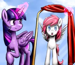 Size: 2200x1900 | Tagged: safe, artist:benjik, derpibooru import, twilight sparkle, twilight sparkle (alicorn), oc, oc:phoe, alicorn, pony, blushing, female, magic, mare, mirror, newbie artist training grounds