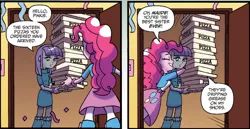 Size: 1122x579 | Tagged: safe, derpibooru import, idw, maud pie, pinkie pie, equestria girls, spoiler:comic, spoiler:comicholiday2014, balloon, boots, bracelet, clothes, high heel boots, jewelry, misspelling, pizza, skirt