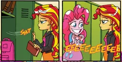 Size: 1295x663 | Tagged: safe, derpibooru import, idw, pinkie pie, sunset shimmer, equestria girls, spoiler:comic, spoiler:comicholiday2014, eeee, idw advertisement