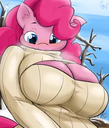 Size: 1028x1200 | Tagged: anthro, artist:sanders, blushing, breasts, busty pinkie pie, clothes, derpibooru import, female, keyhole turtleneck, open-chest sweater, pinkie pie, smiling, solo, solo female, stupid sexy pinkie, suggestive, sweater, turtleneck