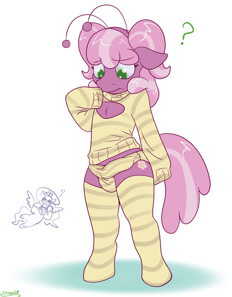 Size: 1500x1920 | Tagged: questionable, artist:skoon, derpibooru import, cheerilee, princess celestia, anthro, earth pony, unguligrade anthro, alternate hairstyle, cheeribee, clothes, crotch bulge, futa, futabee, futa cheerilee, heart, intersex, keyhole turtleneck, open-chest sweater, panties, question mark, socks, stockings, striped socks, striped underwear, sweater, turtleneck, underwear