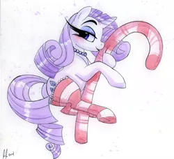 Size: 907x826 | Tagged: suggestive, artist:prettypinkpony, derpibooru import, rarity, pony, unicorn, blushing, candy cane, clothes, impossibly long eyelashes, looking at you, necklace, pearl, plot, socks, striped socks, traditional art, watercolor painting
