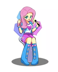 Size: 1200x1487 | Tagged: safe, artist:twilite-sparkleplz, derpibooru import, fluttershy, pinkie pie, equestria girls, balloon, boots, bracelet, clothes, clothes swap, high heel boots, jewelry, microphone, sitting, skirt, solo, swapped cutie marks