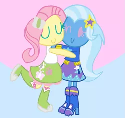 Size: 649x616 | Tagged: safe, artist:mmdfantage, derpibooru import, fluttershy, trixie, equestria girls, female, hug, lesbian, shipping, trixieshy