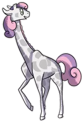 Size: 446x670 | Tagged: artist:okbutwhyeventho, derpibooru import, giraffe, giraffied, looking back, open mouth, raised hoof, safe, simple background, smiling, solo, species swap, sweetie belle, sweetie giraffe, transparent background